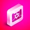 Isometric Torah scroll icon isolated on pink background. Jewish Torah in expanded form. Star of David symbol. Old