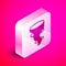 Isometric Tornado icon isolated on pink background. Silver square button. Vector