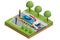 Isometric Tow truck, roadside assistance . Tow truck for transportation faults and emergency cars. The tow truck picks