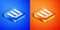 Isometric Towel stack icon isolated on blue and orange background. Square button. Vector Illustration