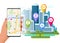 Isometric town map with GPS navigation mobile application, Traveling Navigation, interactive city navigation. City