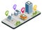 Isometric town map with GPS navigation mobile application, Traveling Navigation, interactive city navigation. City