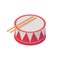 Isometric toy and musical instrument in vivid colors. Kid drum with drumsticks 3d, isolated on white background. Vector