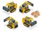 Isometric tracked Compact Excavators. Orange Steer Loader isolated on a white background