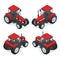 Isometric Tractor works in a field. Agriculture machinery. Plowing in the field. Heavy agricultural machinery for