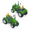 Isometric Tractor works in a field. Agriculture machinery. Plowing in the field. Heavy agricultural machinery for