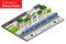 Isometric Train Station building with passenger trains, platform.