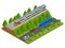 Isometric train tracks and modern train. Railroad icons. Modern high speed red commuter train. Flat 3d isometric vector