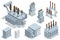 Isometric Transformer . Electric Energy Factory Distribution Chain. Isolated set Icon Energy Substation. High-Voltage