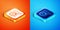 Isometric Translator icon isolated on orange and blue background. Foreign language conversation icons in chat speech