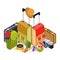 Isometric travel vector illustration. Luggage, suitcases, backpack and hike accessorises