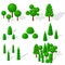 Isometric trees, firs and shrubs. The green vegetation.