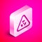 Isometric Triangle sign with radiation symbol icon isolated on pink background. Silver square button. Vector