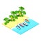Isometric tropical beach with  four different pleasure boats.