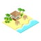 Isometric tropical touristic beach with beautiful blue sea, evergreen palm trees, bungalows and sunbeds with beach umbrellas. vect