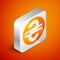 Isometric Ukrainian hryvnia icon isolated on orange background. Silver square button. Vector