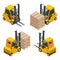 Isometric vector Compact Forklift Trucks isolated on white. Storage equipment icon set. Forklifts in various