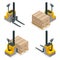 Isometric vector Compact Forklift Trucks isolated on white. Storage equipment icon set. Forklifts in various