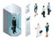 Isometric vector design of the elevator with people inside and button panel. Realistic empty elevator hall interior with