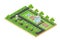 Isometric vector design of green city park with recreation area and trees isolated on white background.