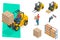 Isometric vector forklift truck isolated on white. Storage equipment icon set. Forklifts in various combinations