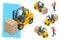 Isometric vector forklift truck isolated on white. Storage equipment icon set. Forklifts in various combinations