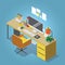 Isometric vector home office concept illustration. Workplace interior set