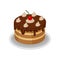 Isometric vector icon of big tasty cake with chocolate topping, whipped cream and red cherry on top. Delicious dessert