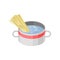 Isometric vector icon of metal saucepan with boiling water and pasta spaghetti. Cooking theme