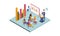 Isometric vector illustration of business conference. Man presenting graph. People sitting with laptops and books