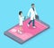 Isometric vector illustration with cartoon characters, online consultation with doctors virtual help