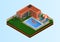 Isometric vector illustration with house, pool and grill area. It is summer time and the weather is nice