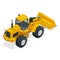 Isometric Vector illustration yellow bulldozer tractor, construction machine, bulldozer isolated on white. Yellow Wheel