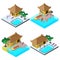 Isometric vector image set with bungalows, motorboats, swimming pools, sunbeds, umbrella, palm trees and people