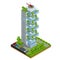 Isometric vector Modern ecologic skyscraper with many trees on every balcony. Ecology and green living in city, urban