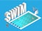 Isometric vector Public sports swimming pool open. Athletes swimmers training in blue water of pool