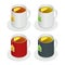 Isometric vector set of multicolored ceramic cups with tea and a piece lemon on white background. Drink Modern vector