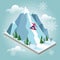 Isometric vector woman pulls off the mountain. Snowboarding, winter sport. Olimpic games, recreation lifestyle, activity