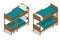 Isometric vector wooden two-storeyed bed separately on a white background. Living-room in a hostel with two bunk beds