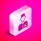 Isometric Veterinarian doctor icon isolated on pink background. Silver square button. Vector