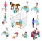 Isometric veterinary. Animals shelter people pet dog cat veterinarian volunteer veterinarians medicine clinic vector