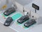 Isometric view of car sharing parking lot equipped with charging station and batteries