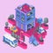 Isometric view. Modern city building. Town block with colorful parking and cars.