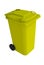 Isometric view of yellow garbage wheelie bin with a closed lid on a white background