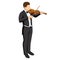 Isometric violinist. Man playing the violin. Classical stringed musical instrument. Brown violin and bow.