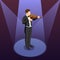 Isometric violinist. Man playing the violin. Classical stringed musical instrument. Brown violin and bow.