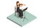 Isometric violinist. Woman playing the violin. Classical stringed musical instrument. Brown violin and bow. Music stand