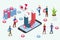 Isometric viral content social media marketing team people with magnet to attract tractions followers with like and share - vector