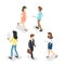 Isometric walking people set. Collection of character
