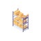 Isometric warehouse box equipment rack pallet and shelf. 3d boxes pallets goods racking shelving vector illustration